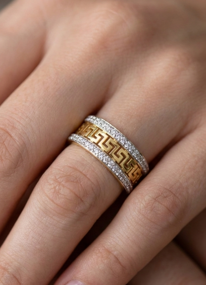 Dual-Tone Greek Key Band Ring