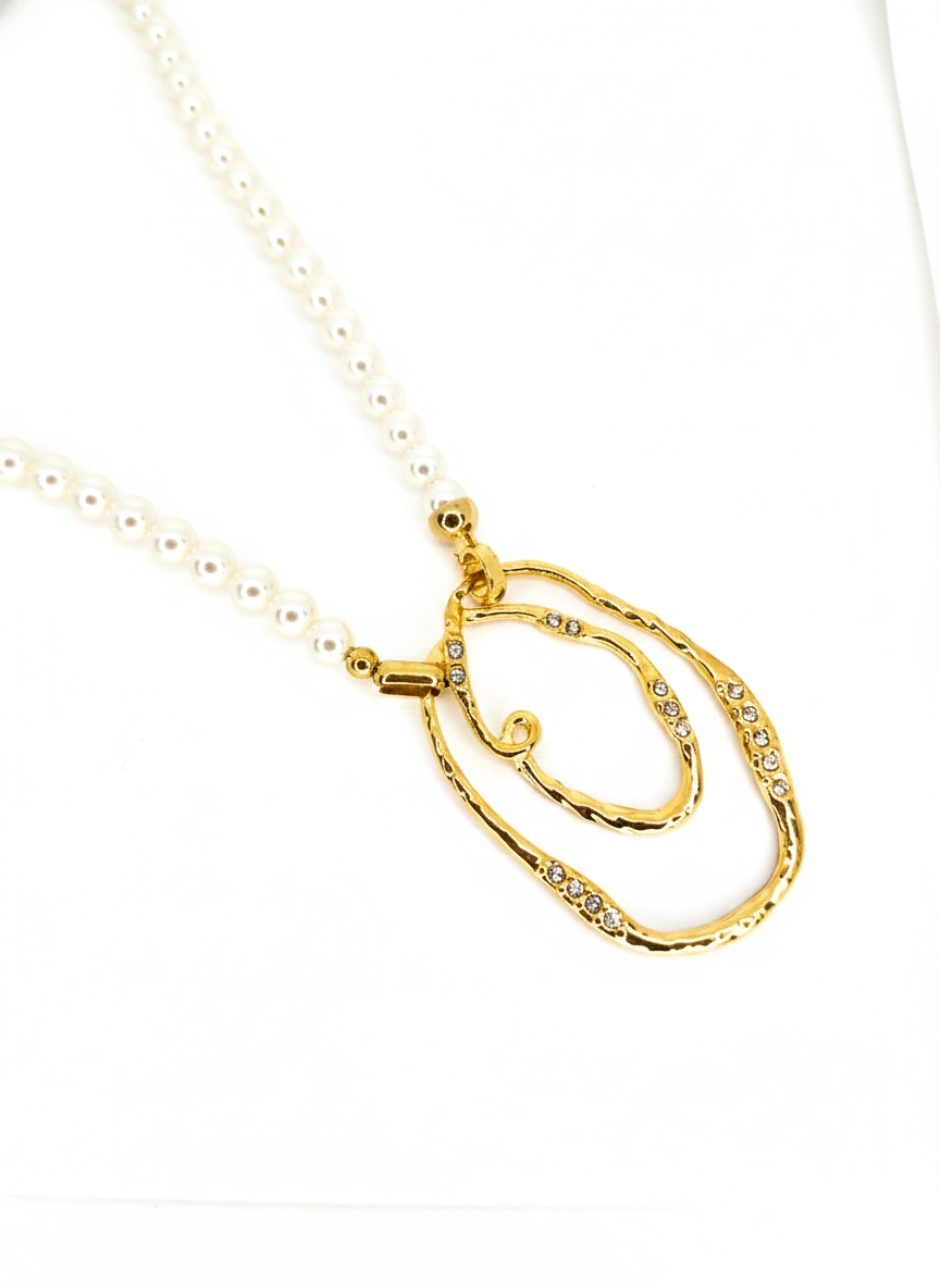 Abstract Crystal-Embellished Pearl Art Necklace