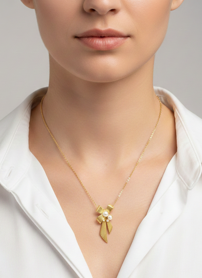 Pearl Ribbon Charm Necklace