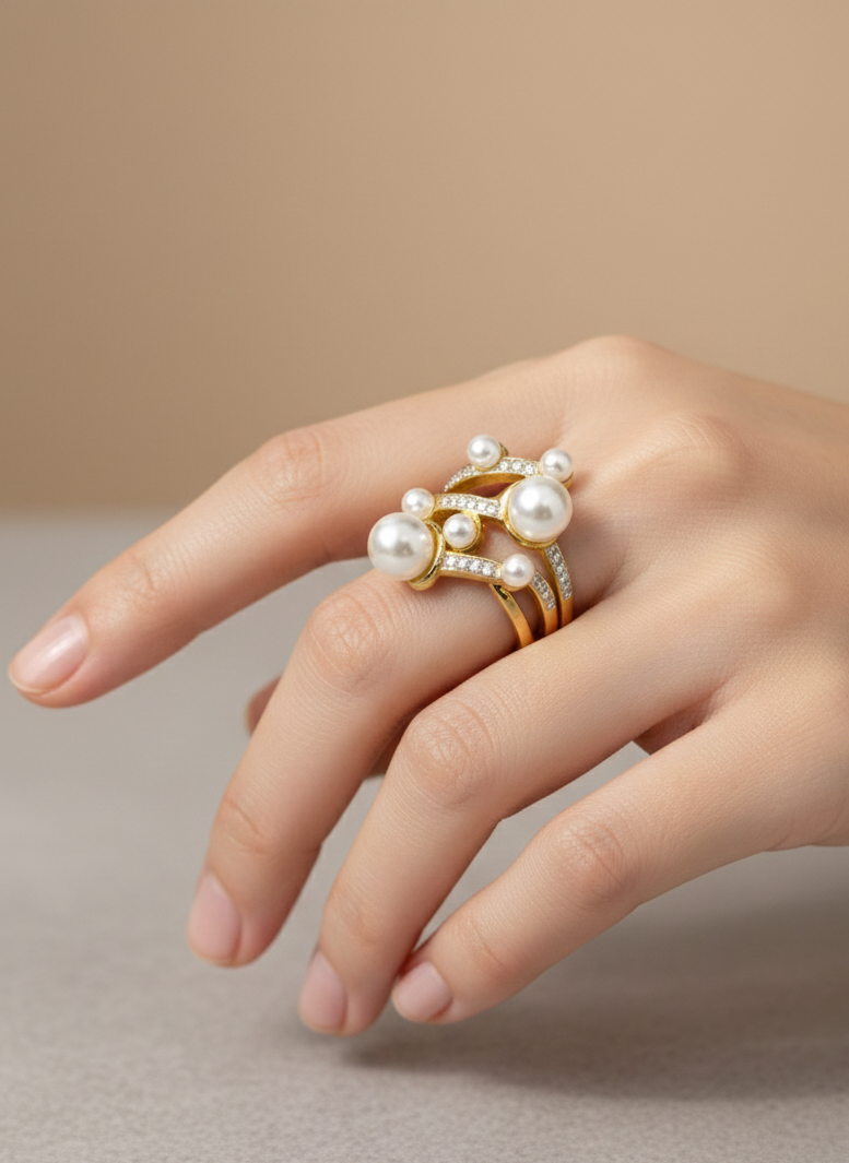 Gold Layered Pearl Cluster Ring