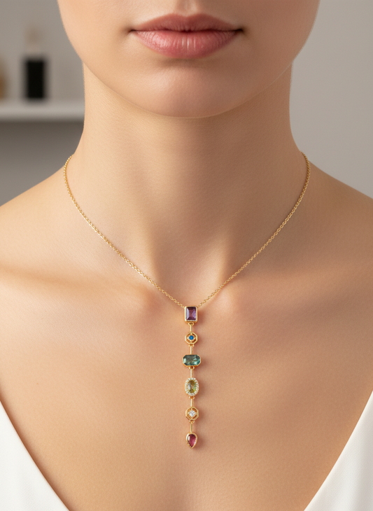 Gold Multi-Gemstone Drop Necklace