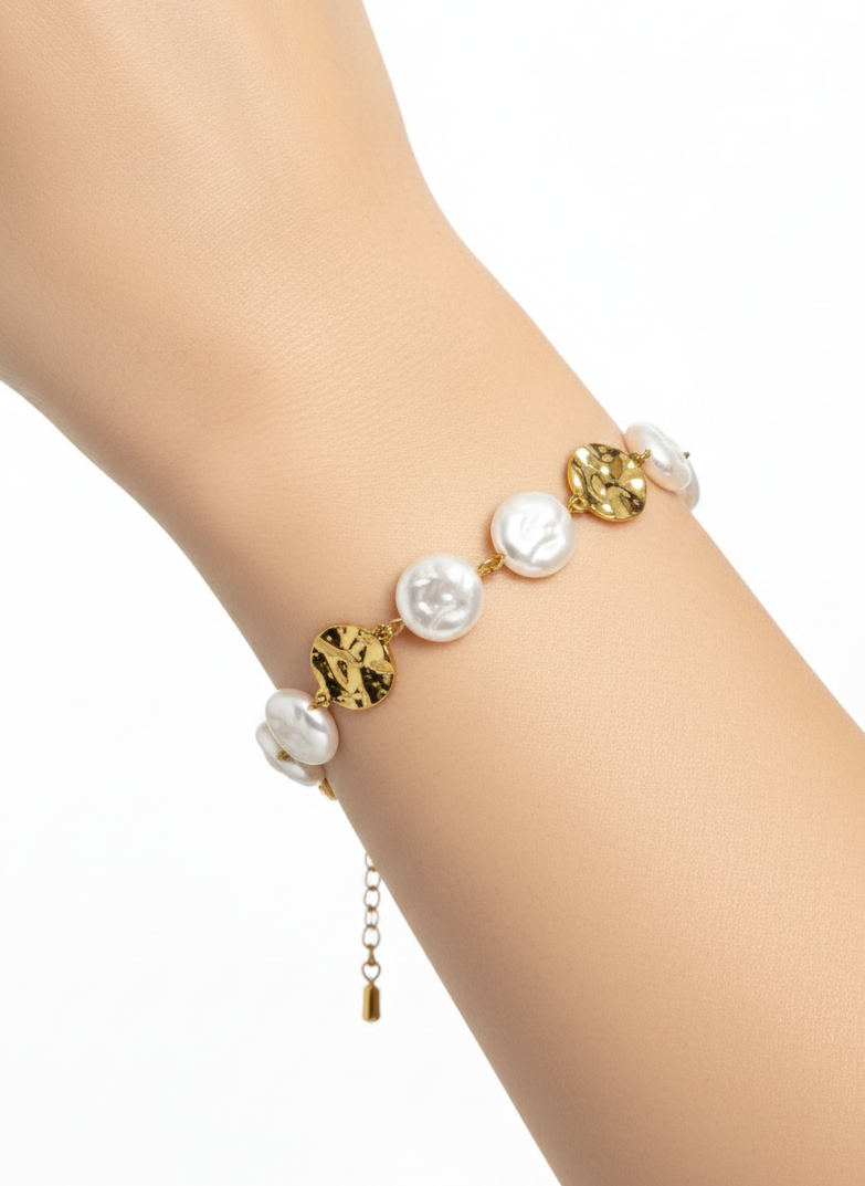 Lustrous Pearl & Gold Coin Bracelet