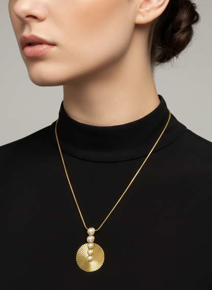 Golden Sunburst Pearl Cascade Necklace