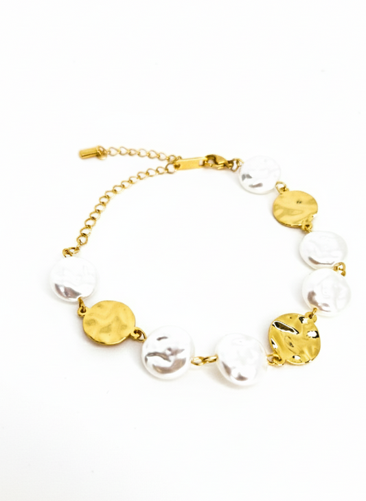 Lustrous Pearl & Gold Coin Bracelet