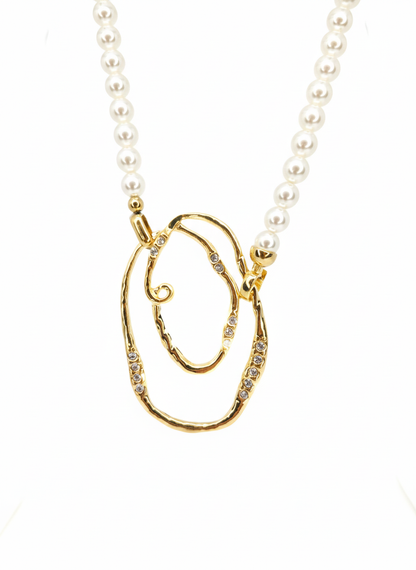 Abstract Crystal-Embellished Pearl Art Necklace