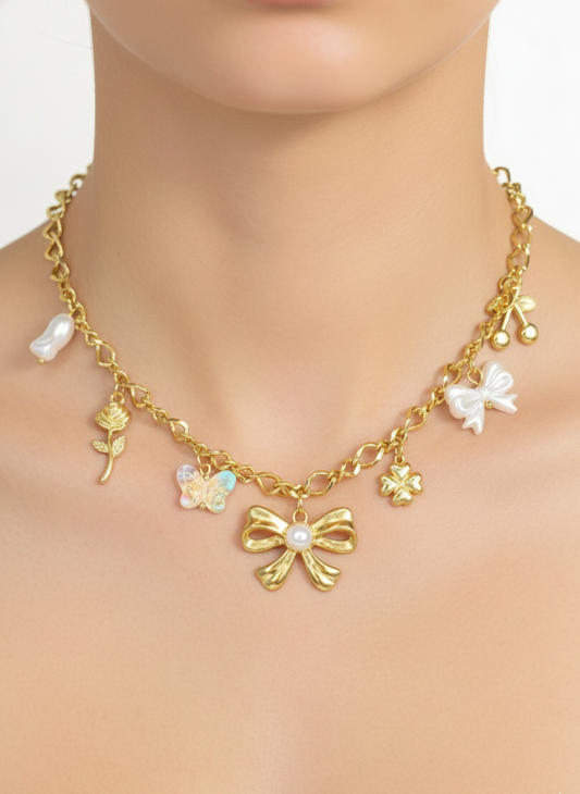Gold Bow & Butterfly Multicharm Necklace