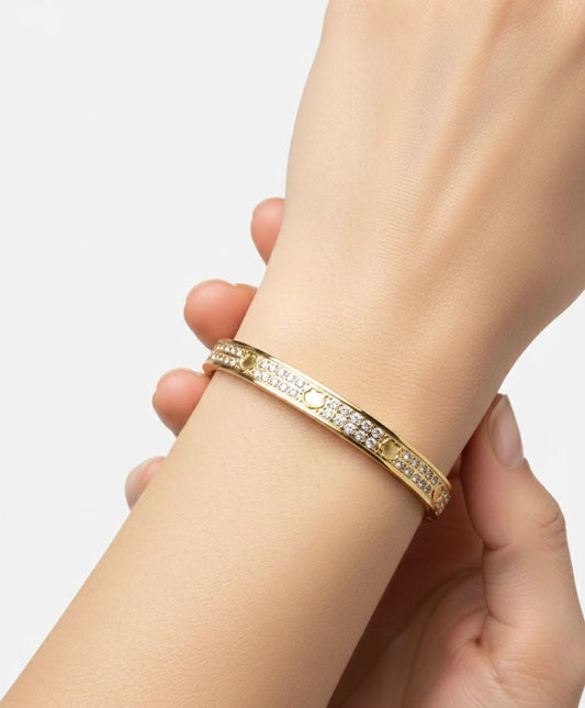 Crystal Pave Engraved Gold Bangle - ZIORF