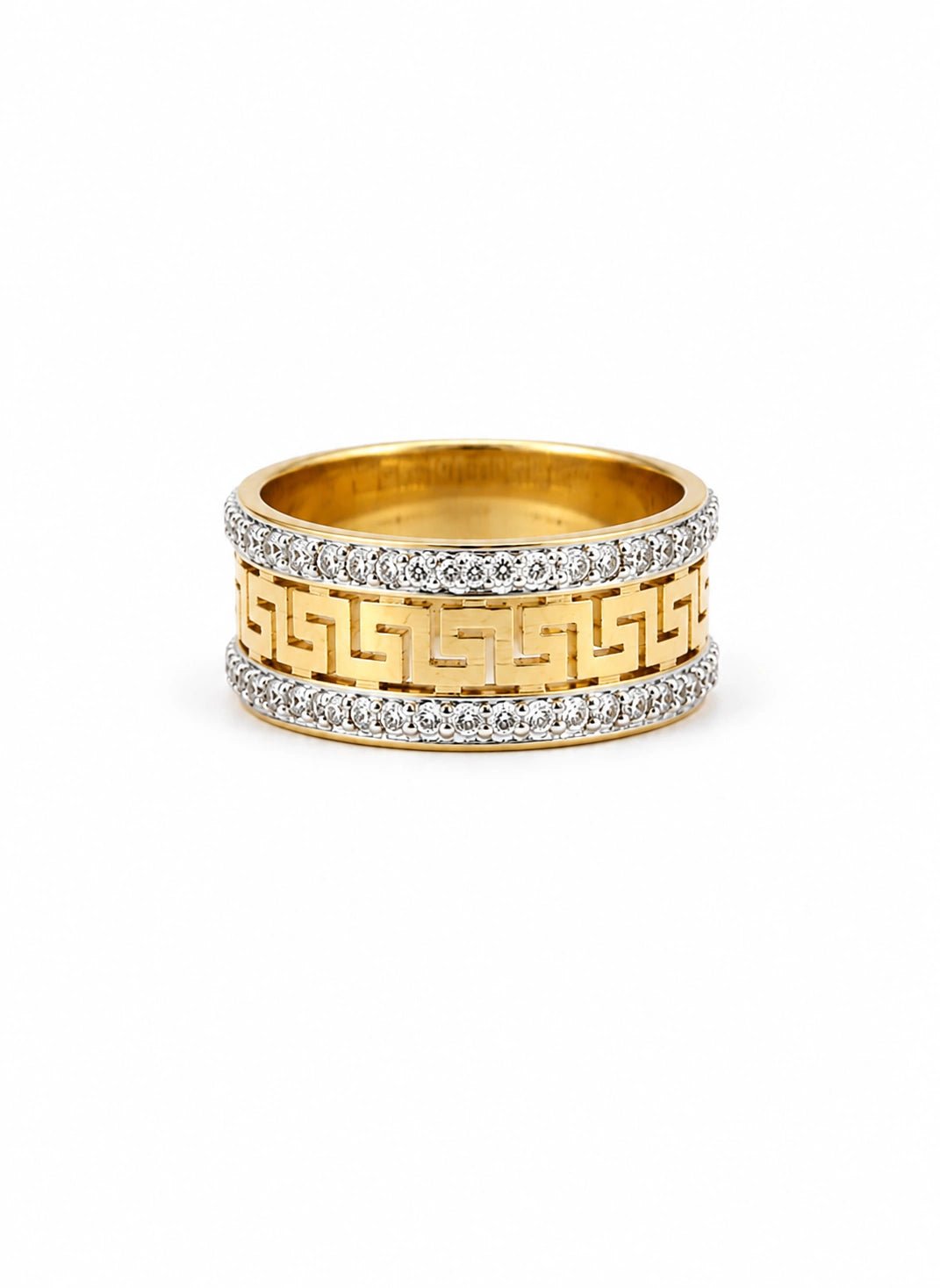 Dual-Tone Greek Key Band Ring - ZIORF