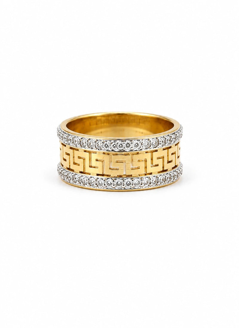 Dual-Tone Greek Key Band Ring - ZIORF