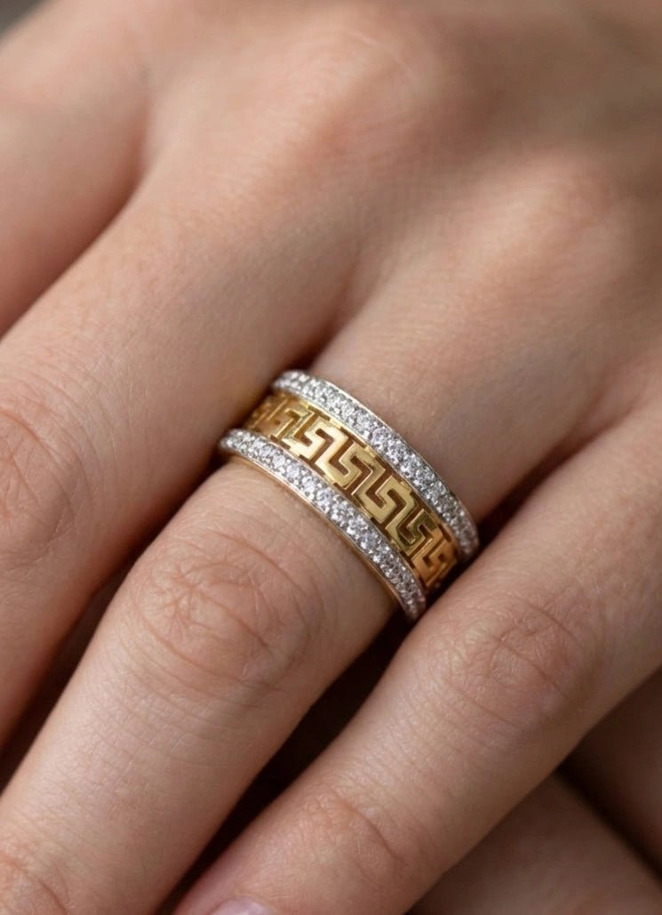Dual-Tone Greek Key Band Ring - ZIORF