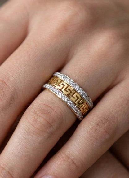 Dual-Tone Greek Key Band Ring - ZIORF