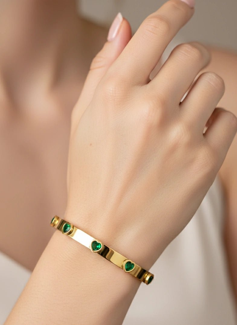 Emerald Heart Studded Gold Bangle - ZIORF