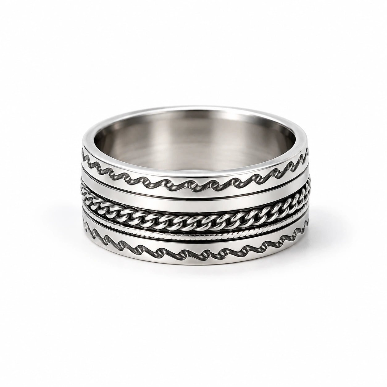 Etched Pattern Silver Band Ring - ZIORF