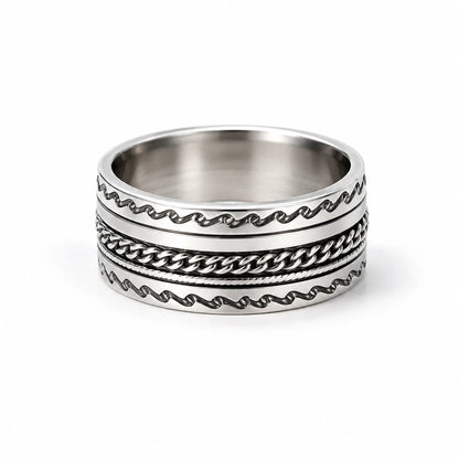 Etched Pattern Silver Band Ring - ZIORF