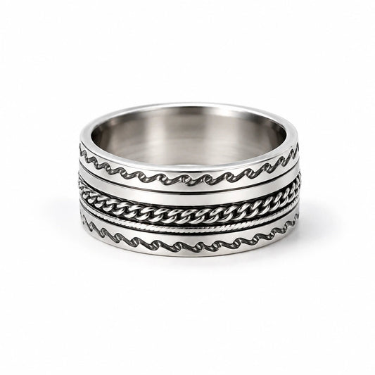 Etched Pattern Silver Band Ring - ZIORF