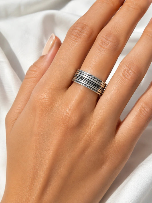 Etched Pattern Silver Band Ring - ZIORF