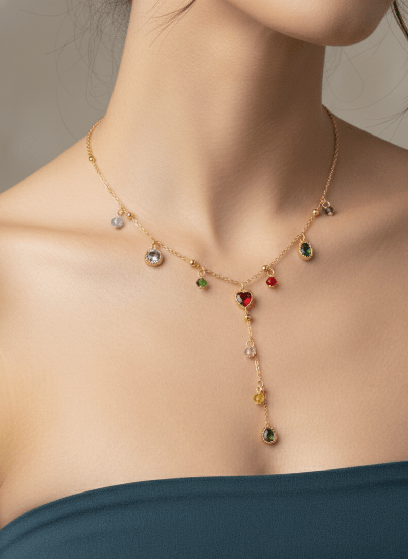 Gemstone Charm Drop Necklace - ZIORF