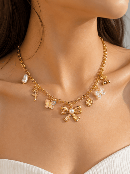 Gold Bow & Butterfly Multicharm Necklace - ZIORF