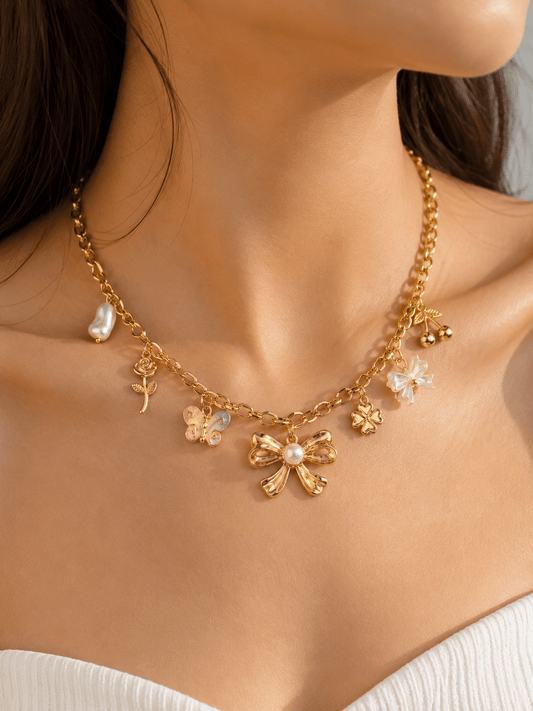 Gold Bow & Butterfly Multicharm Necklace - ZIORF