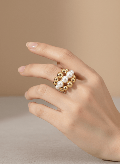 Gold & Pearl Beaded Statement Ring - ZIORF