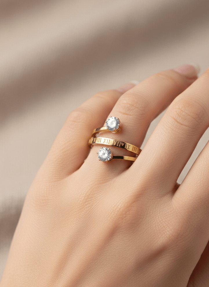 Golden Roman Duo Crystal Ring - ZIORF