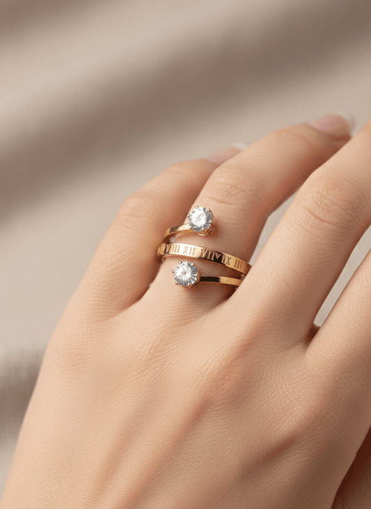 Golden Roman Duo Crystal Ring - ZIORF