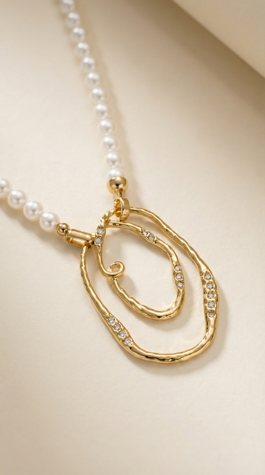 Abstract Crystal-Embellished Pearl Art Necklace