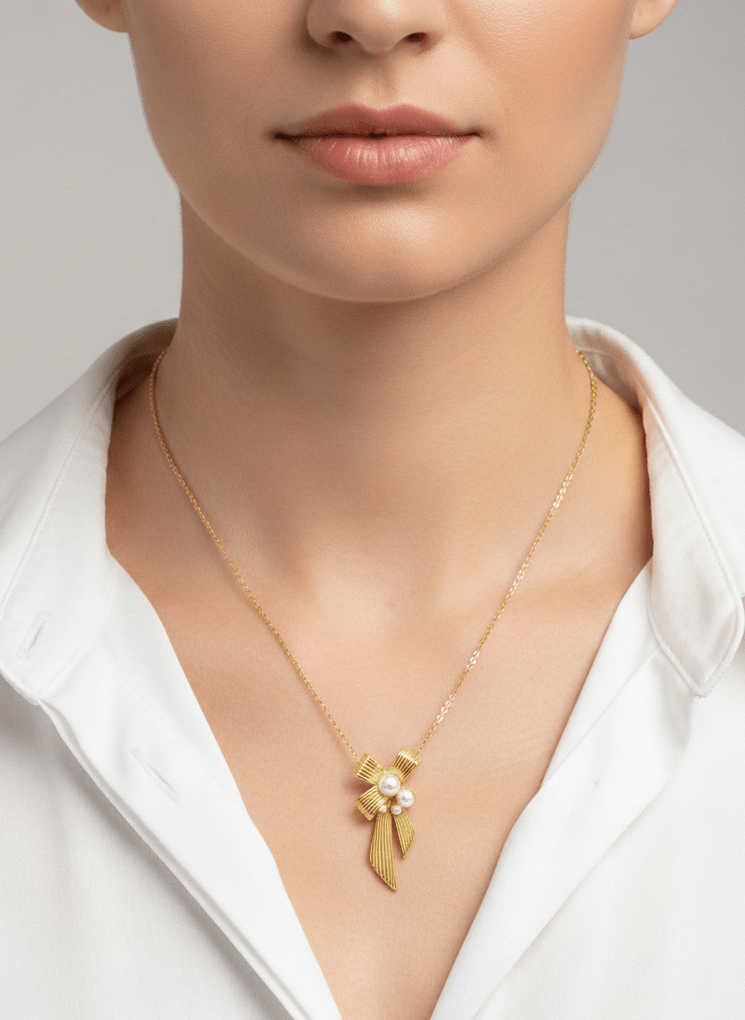 Pearl Ribbon Charm Necklace - ZIORF