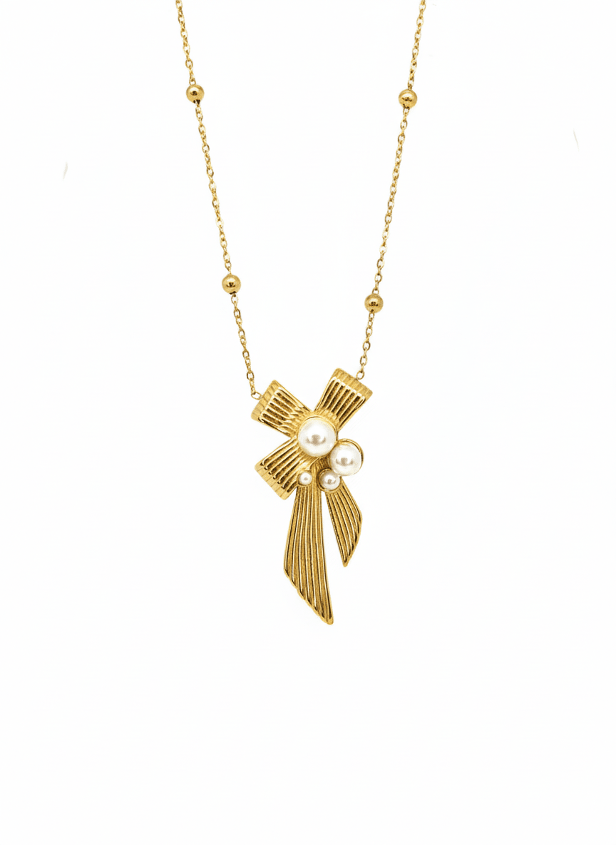 Pearl Ribbon Charm Necklace - ZIORF